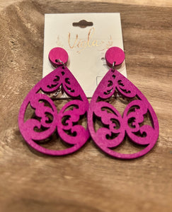 Pink Detailed Wood Earrings