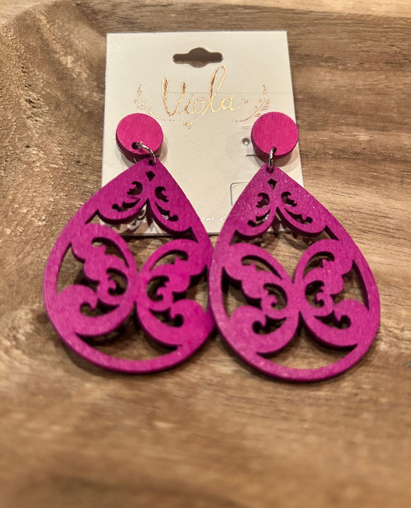 Pink Detailed Wood Earrings