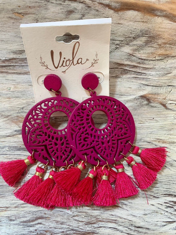 Hot Pink Fan Wood Earrings